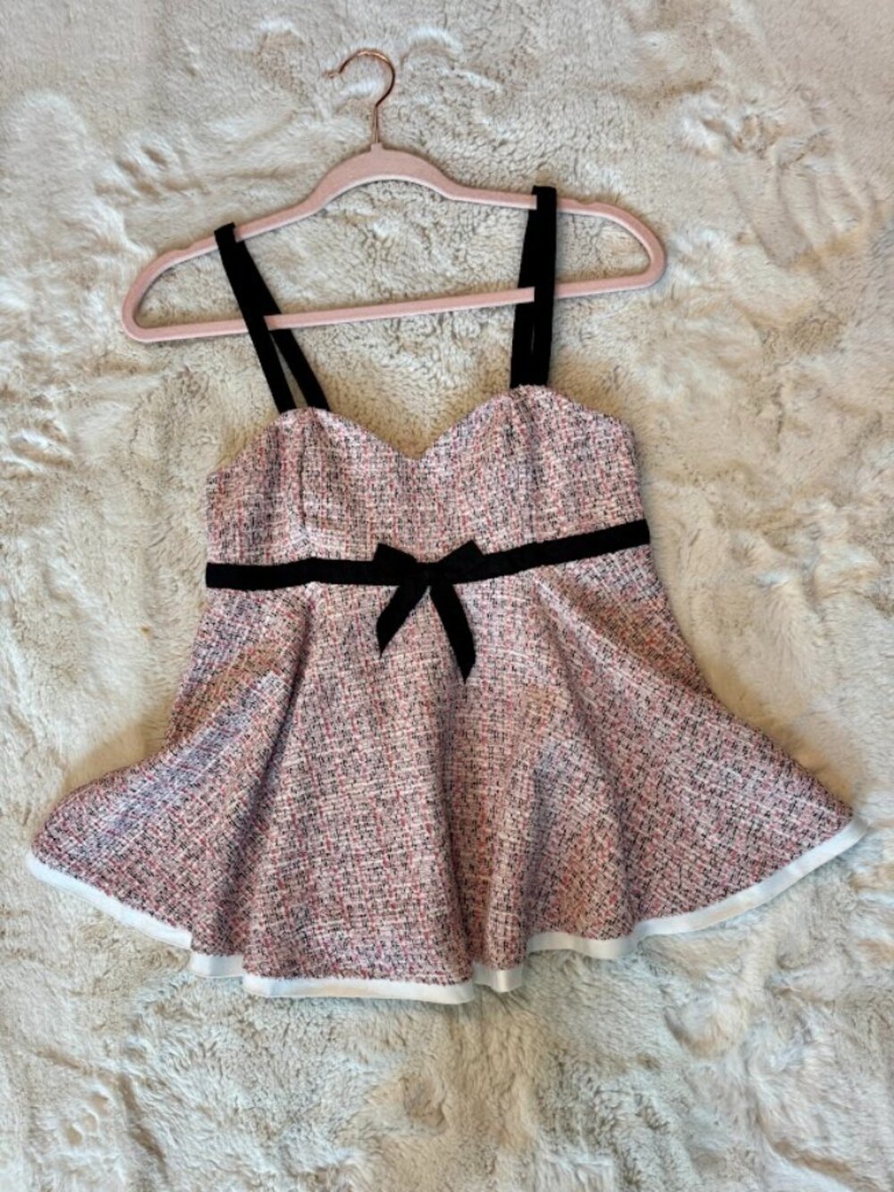 NWT Zara Pink Tweed Sweetheart Corset Peplum Cami Top Black Bow Straps sz Medium